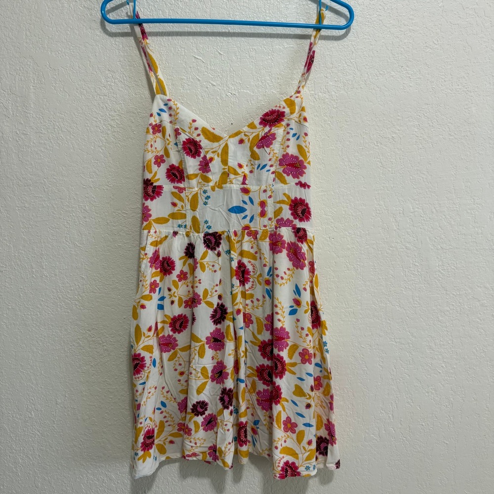 Express Floral Mini Dress Womens Small Pink Yellow White Rayon Smocked Sundress
